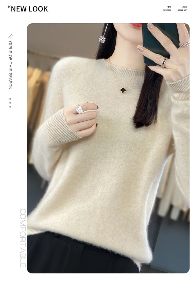 100% pure wool cashmere sweater women's O-neck pullover casual knit top autumn and winter women's coat Korean fashion