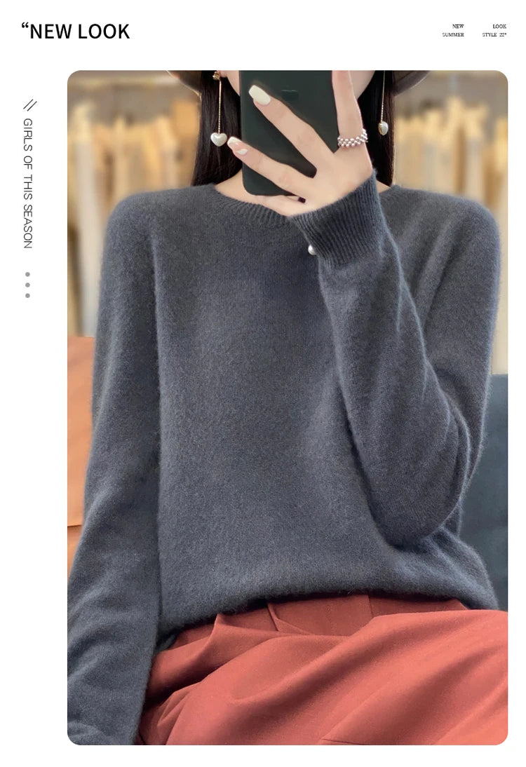 100% pure wool cashmere sweater women's O-neck pullover casual knit top autumn and winter women's coat Korean fashion