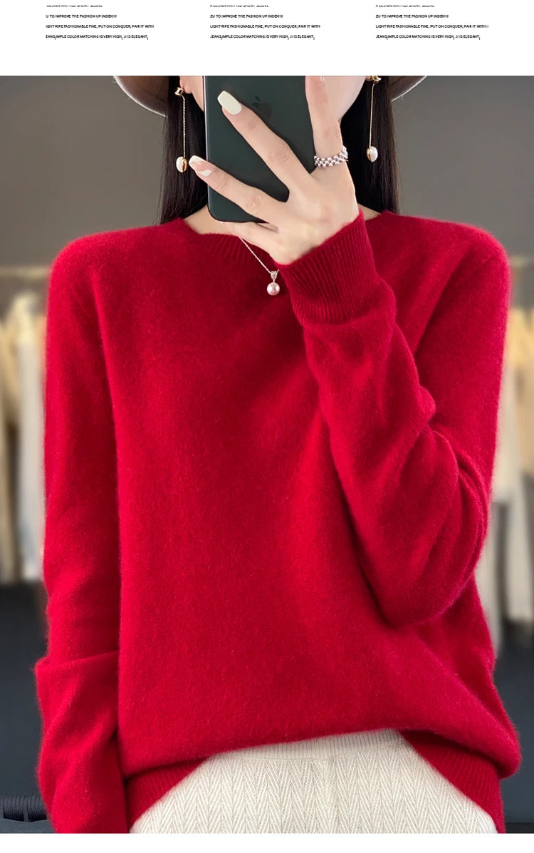 100% pure wool cashmere sweater women's O-neck pullover casual knit top autumn and winter women's coat Korean fashion