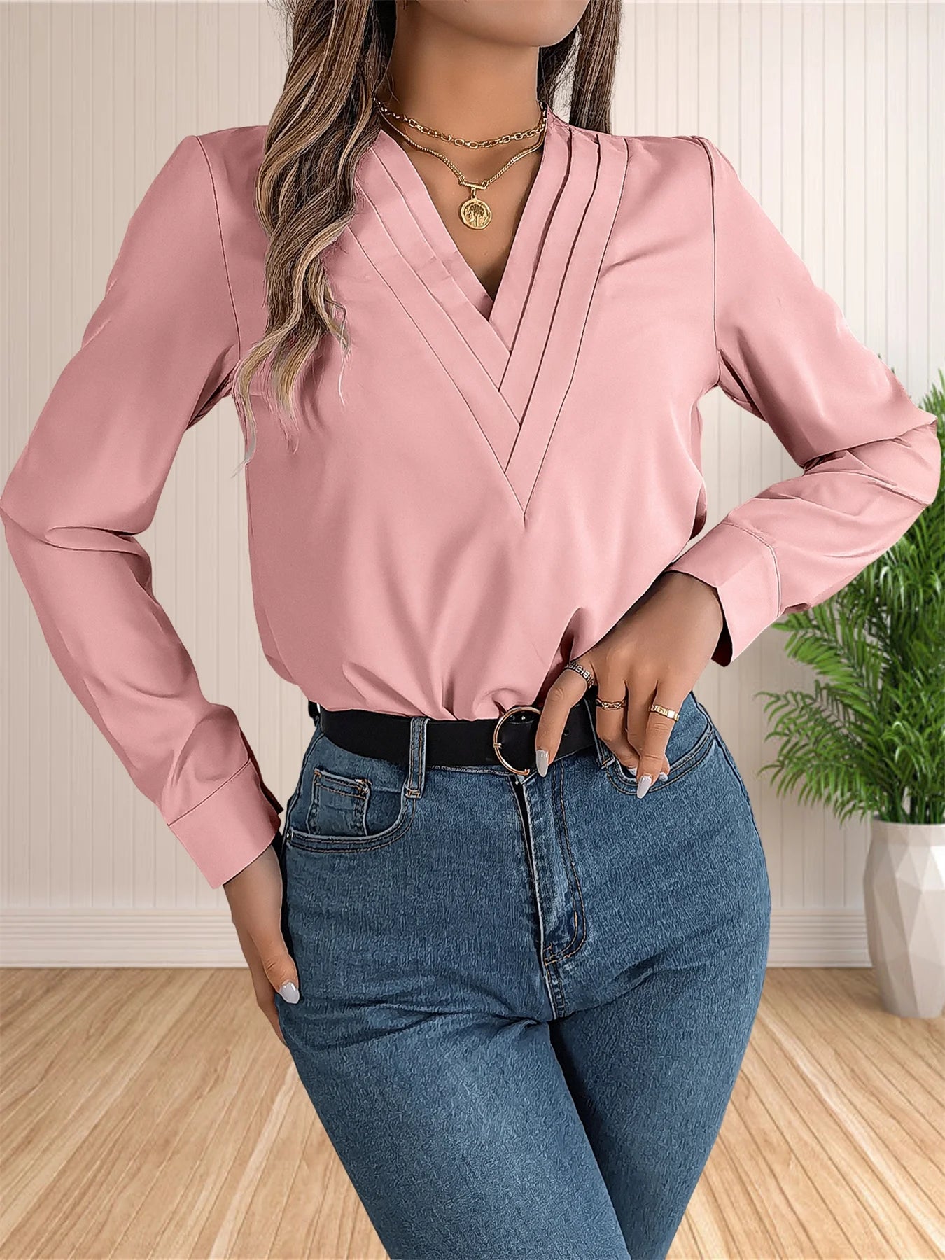 Women's Elegant Business Office Blouse Layered V Neck Long Sleeve 2024 Dressy Shirts Work Tops