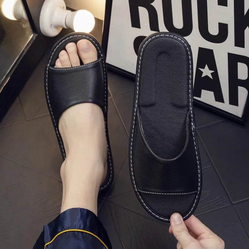 Genuine Leather Open-Toe Slippers