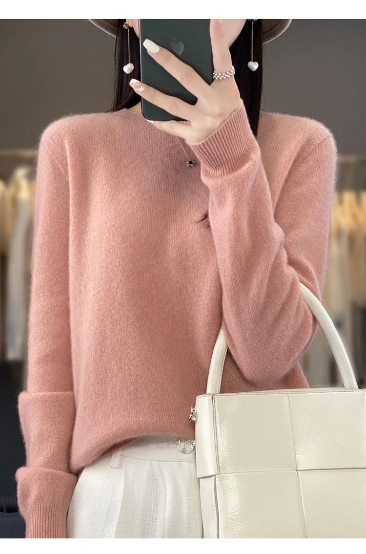 100% pure wool cashmere sweater women's O-neck pullover casual knit top autumn and winter women's coat Korean fashion