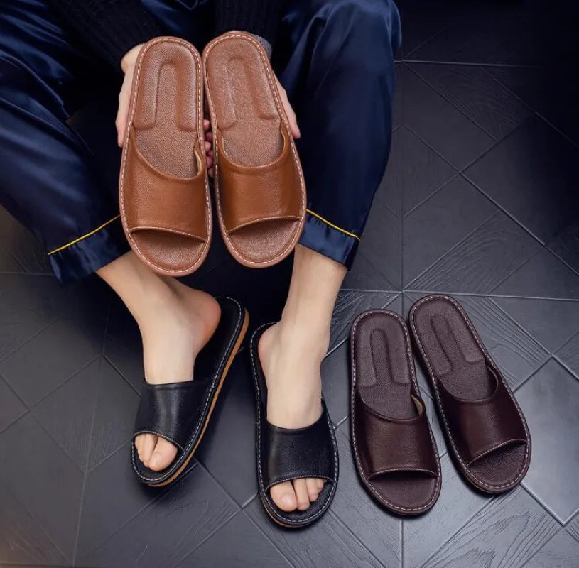 Genuine Leather Open-Toe Slippers