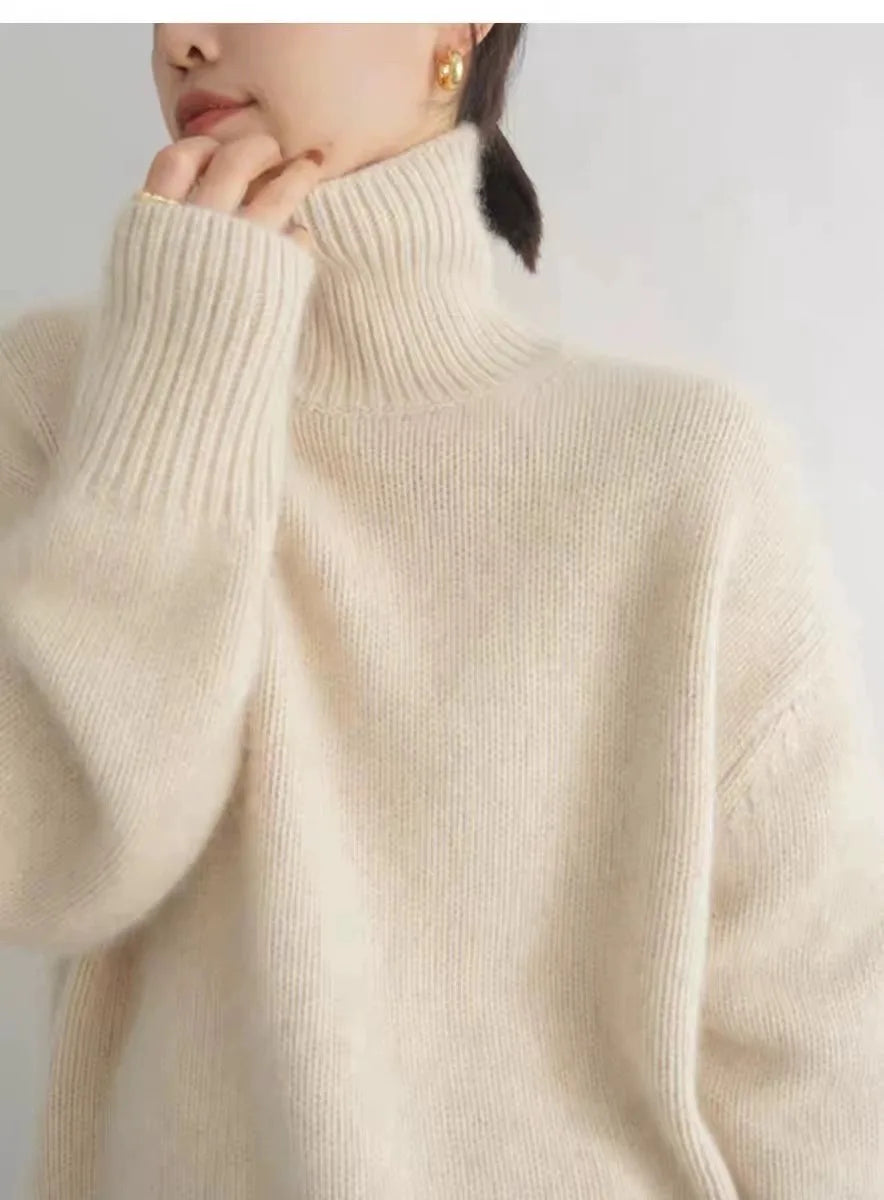 Turtleneck 100% pure cashmere women's loose sweater thickened autumn and winter wool sweater jumper lazy base