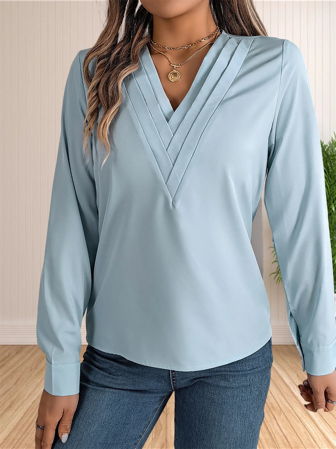 Women's Elegant Business Office Blouse Layered V Neck Long Sleeve 2024 Dressy Shirts Work Tops