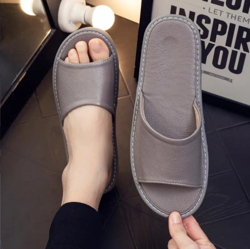 Genuine Leather Open-Toe Slippers