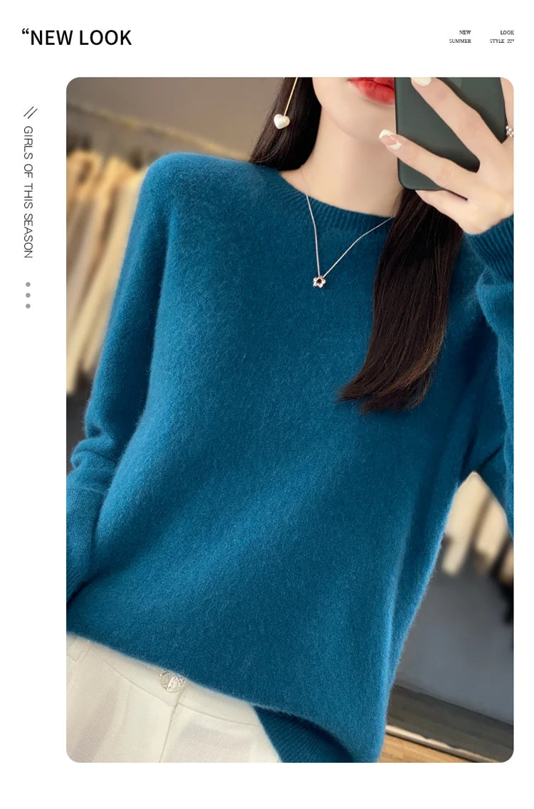 100% pure wool cashmere sweater women's O-neck pullover casual knit top autumn and winter women's coat Korean fashion