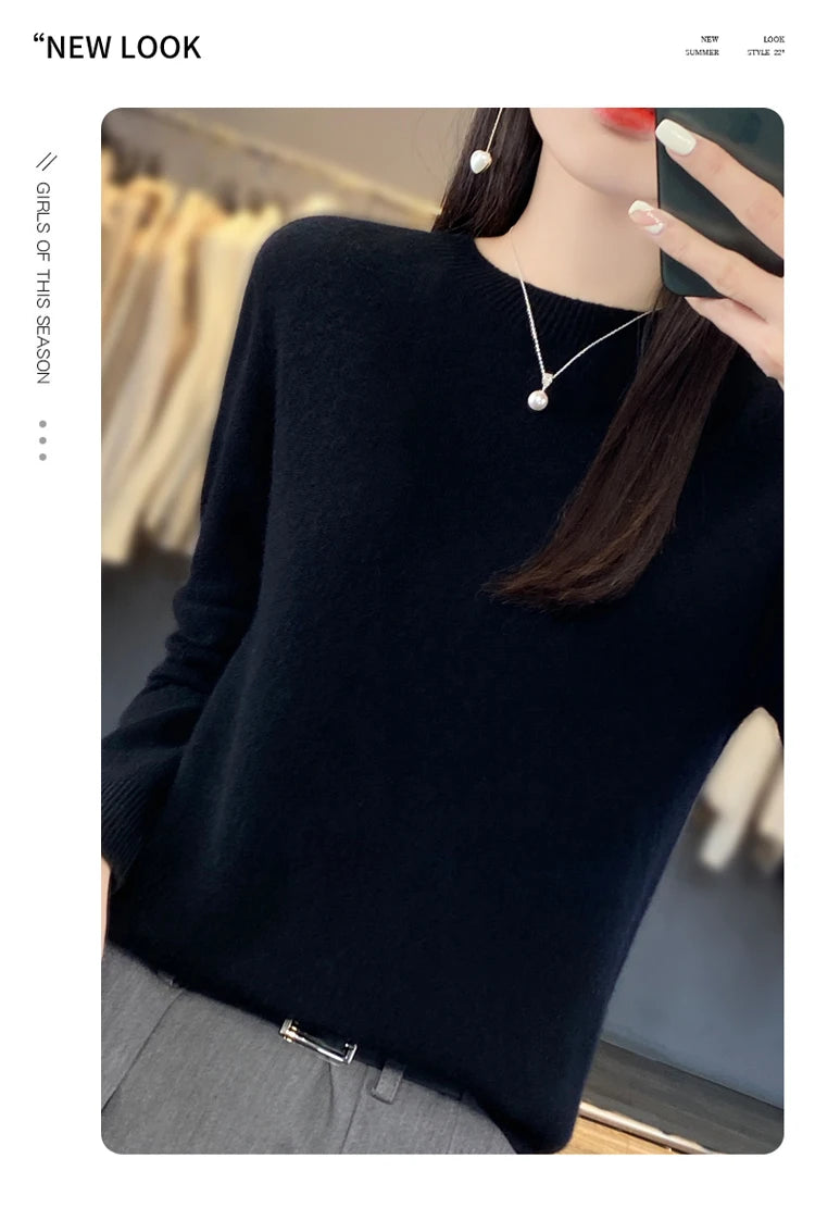 100% pure wool cashmere sweater women's O-neck pullover casual knit top autumn and winter women's coat Korean fashion