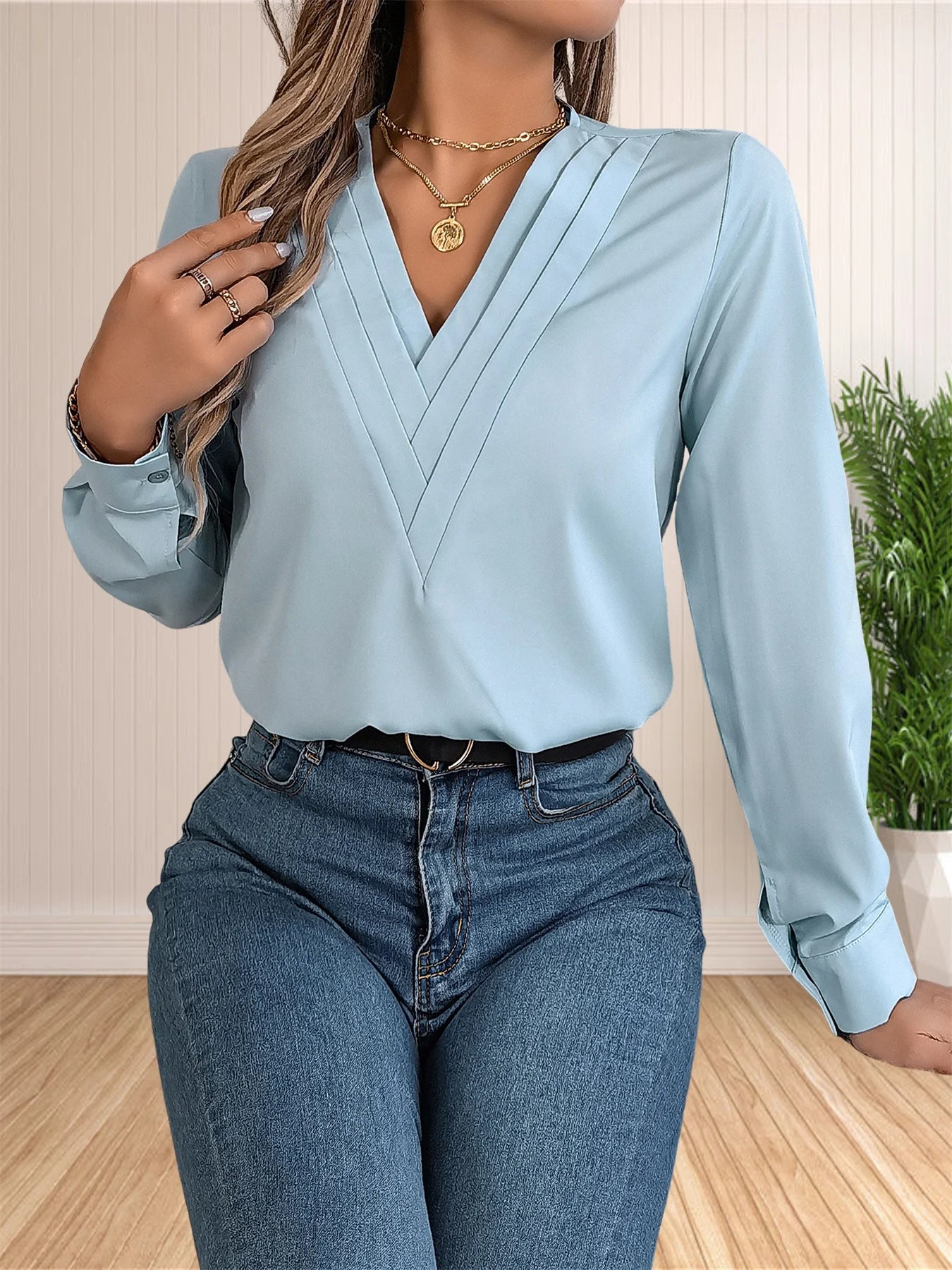 Women's Elegant Business Office Blouse Layered V Neck Long Sleeve 2024 Dressy Shirts Work Tops