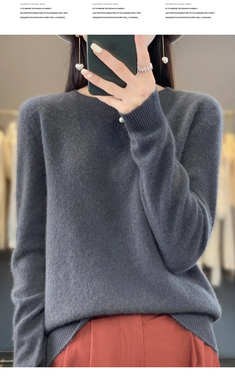 100% pure wool cashmere sweater women's O-neck pullover casual knit top autumn and winter women's coat Korean fashion