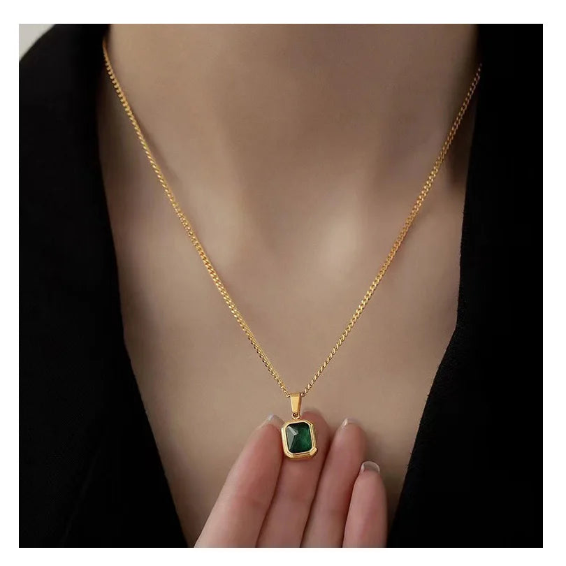 Gold-Plated Green Zircon Pendant Necklace