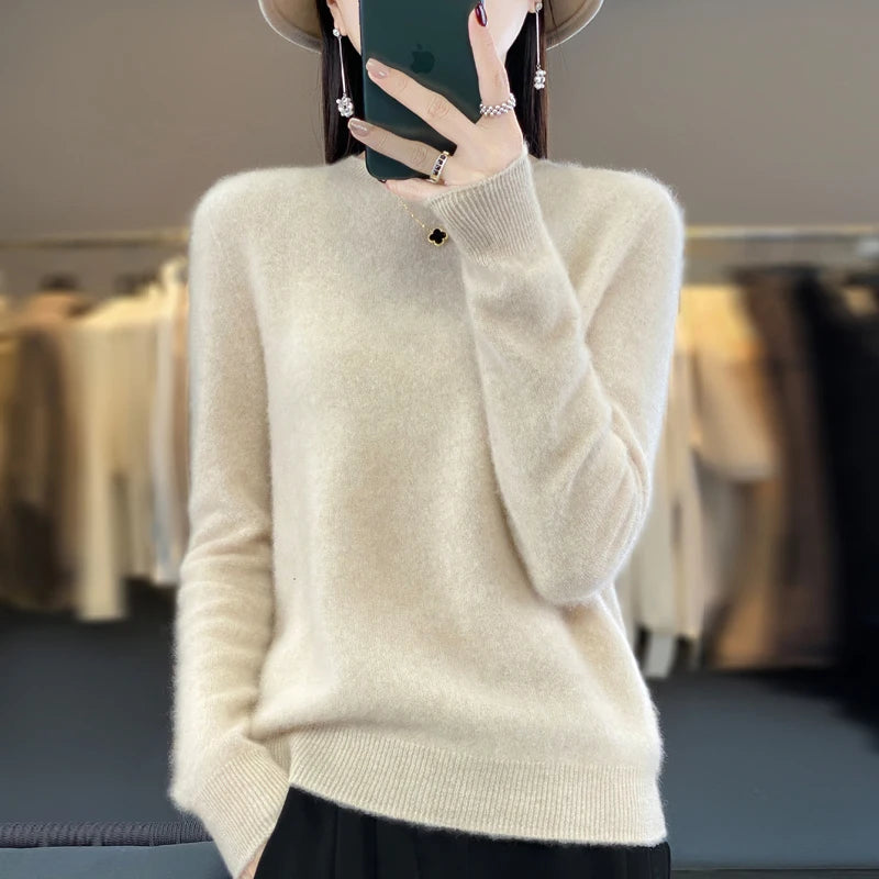 100% pure wool cashmere sweater women's O-neck pullover casual knit top autumn and winter women's coat Korean fashion