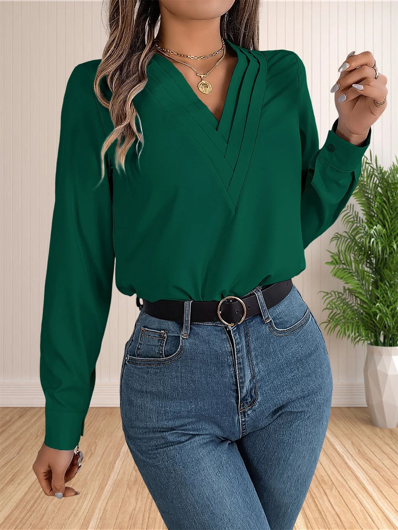 Women's Elegant Business Office Blouse Layered V Neck Long Sleeve 2024 Dressy Shirts Work Tops