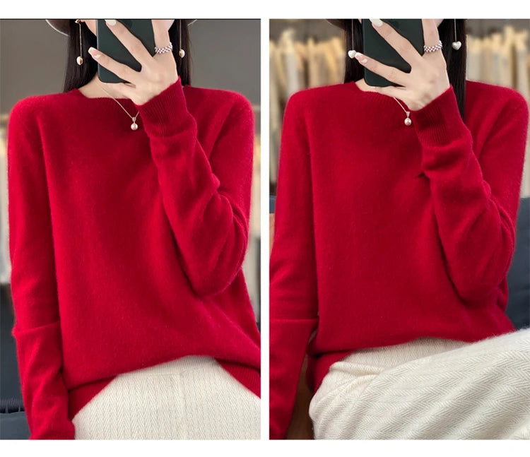 100% pure wool cashmere sweater women's O-neck pullover casual knit top autumn and winter women's coat Korean fashion