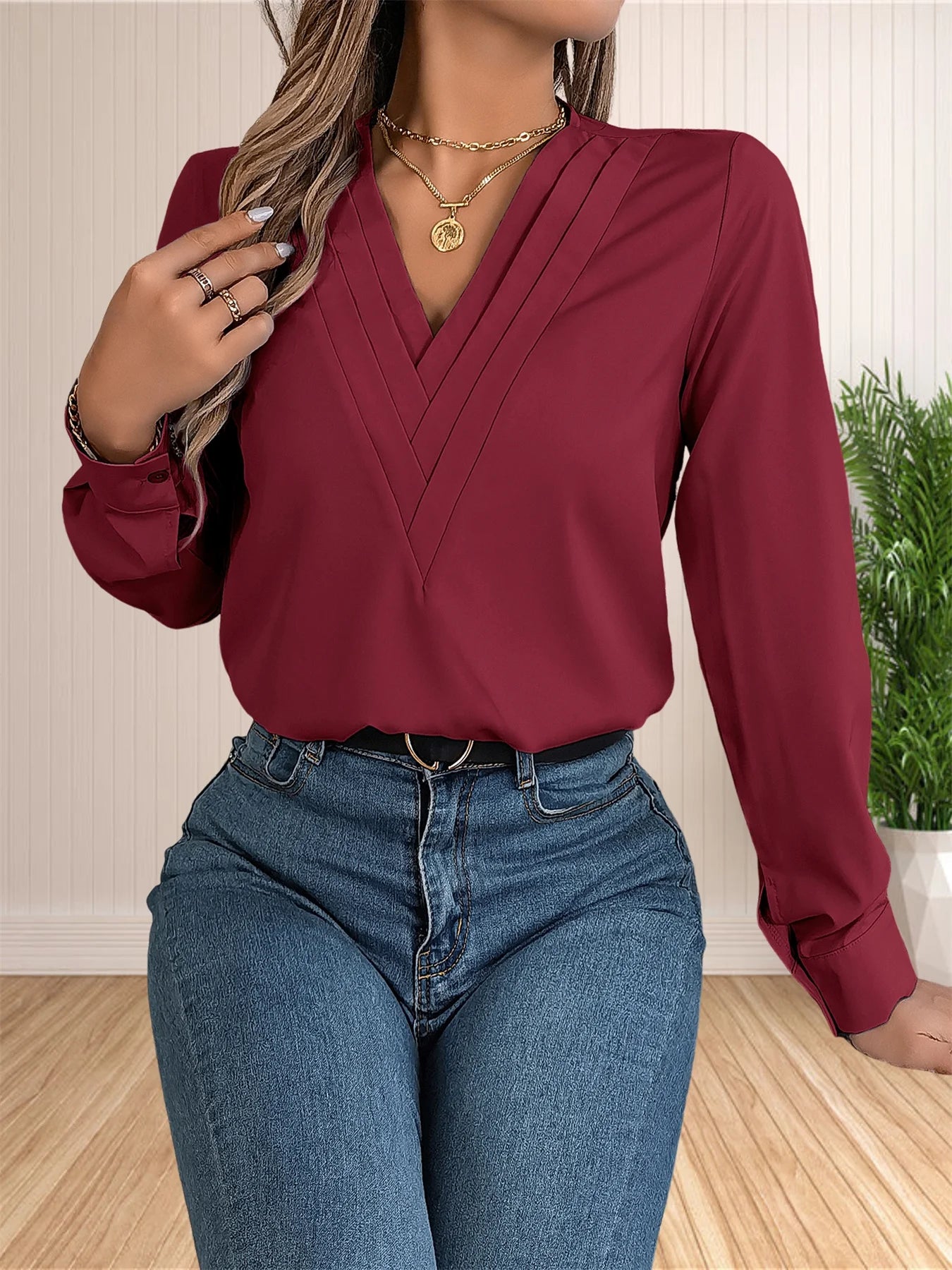 Women's Elegant Business Office Blouse Layered V Neck Long Sleeve 2024 Dressy Shirts Work Tops