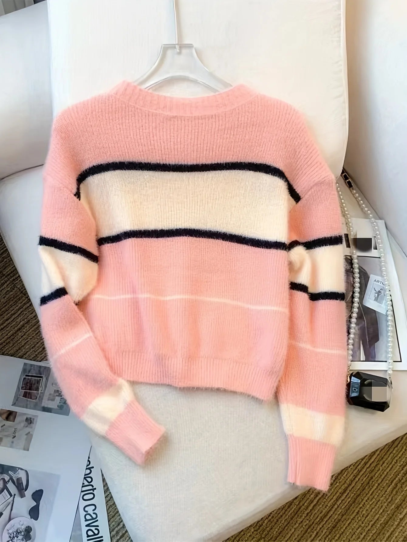 2024 New Winter Color Block Crew Neck Pullover Sweater,Crop Top Casual Long Sleeve Drop Shoulder Sweater Women's Clothing