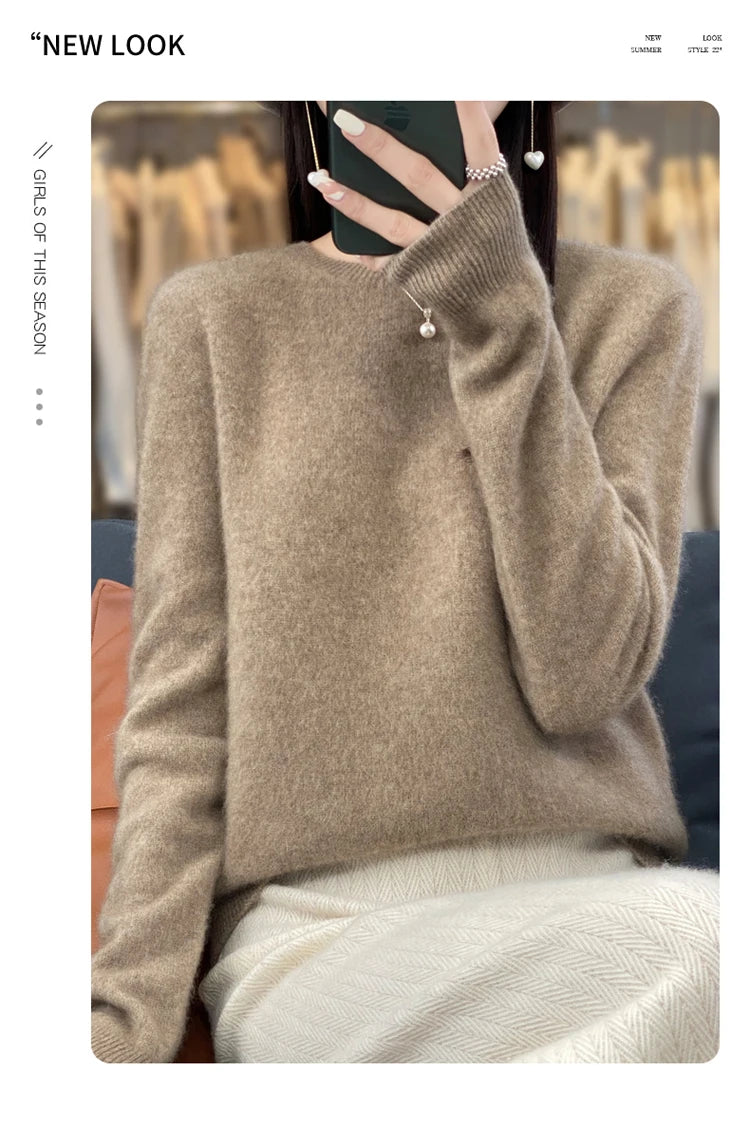 100% pure wool cashmere sweater women's O-neck pullover casual knit top autumn and winter women's coat Korean fashion