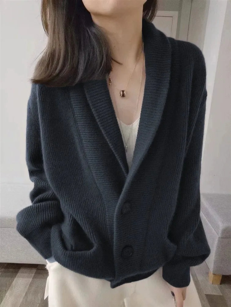 Cardigan women 100 pure cashmere knitwear European high-end autumn and winter loose suit collar thick sweater coat