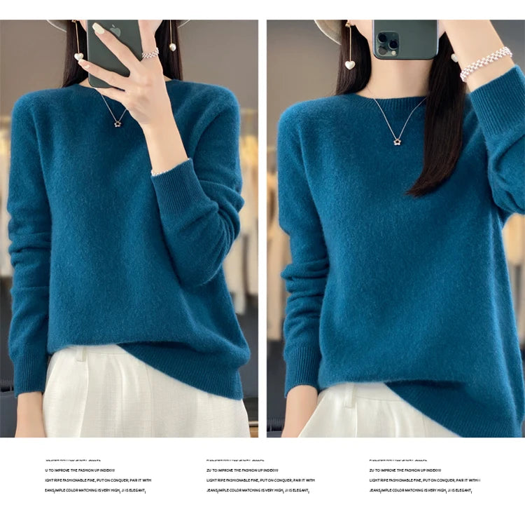 100% pure wool cashmere sweater women's O-neck pullover casual knit top autumn and winter women's coat Korean fashion