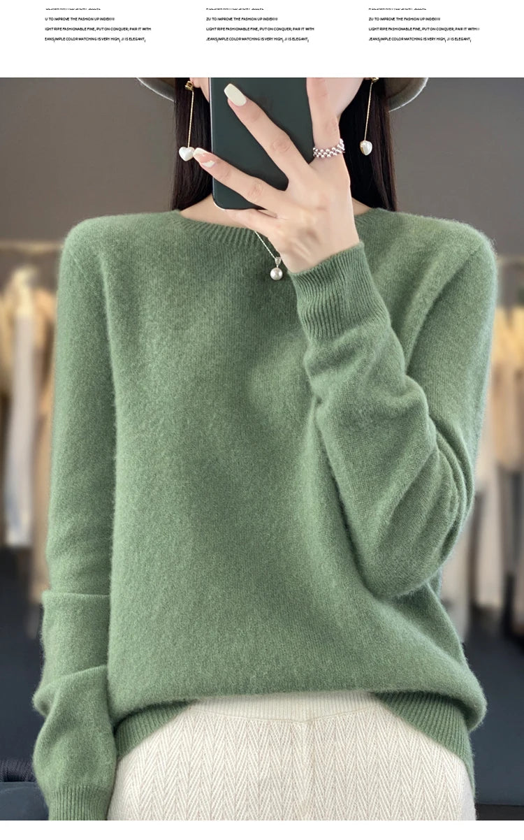 100% pure wool cashmere sweater women's O-neck pullover casual knit top autumn and winter women's coat Korean fashion