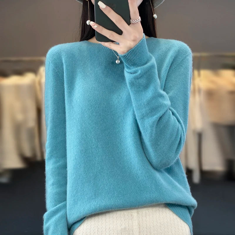 100% pure wool cashmere sweater women's O-neck pullover casual knit top autumn and winter women's coat Korean fashion