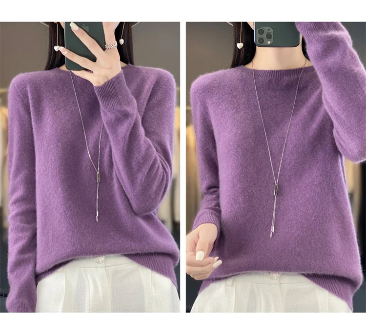 100% pure wool cashmere sweater women's O-neck pullover casual knit top autumn and winter women's coat Korean fashion