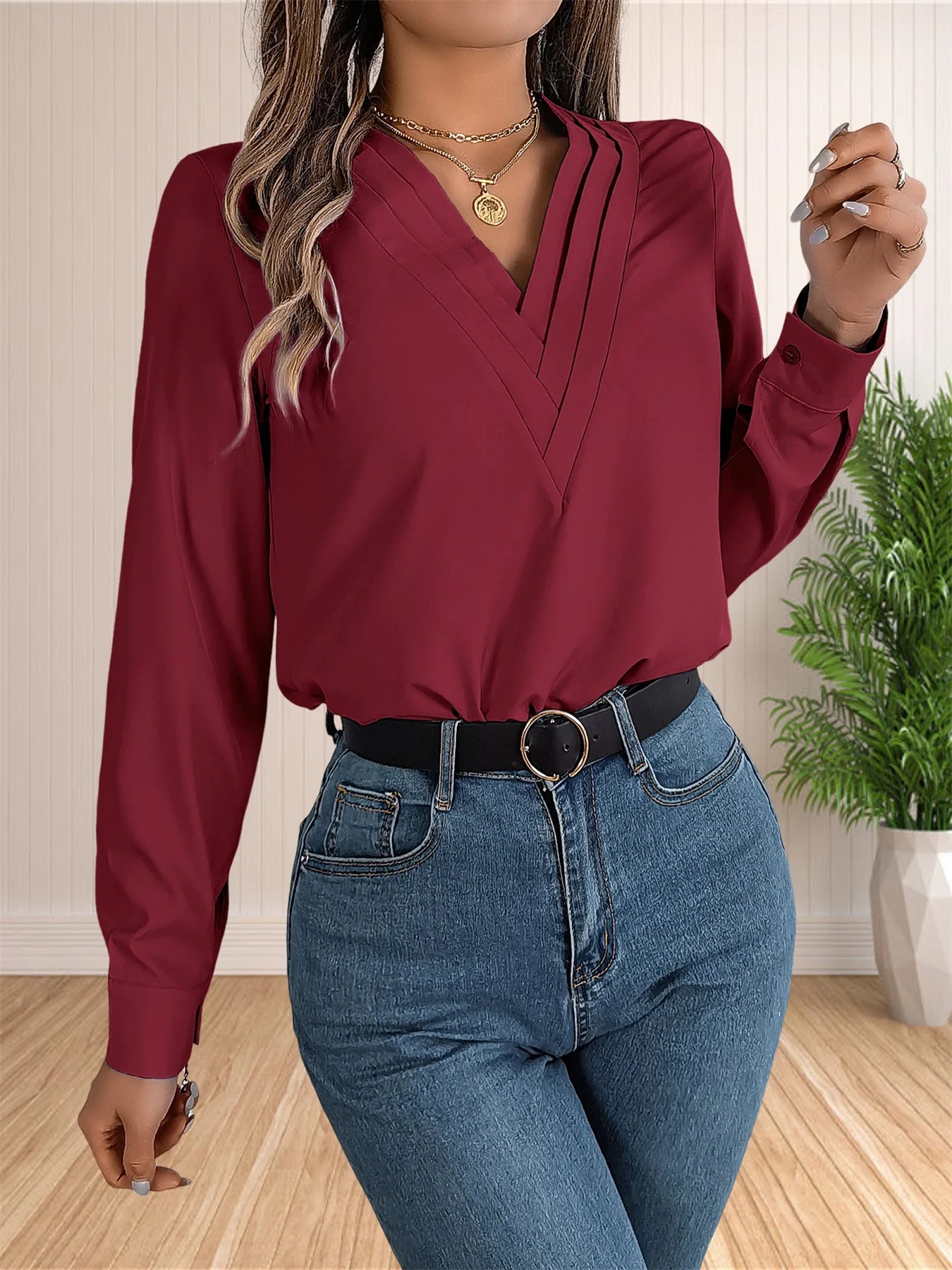 Women's Elegant Business Office Blouse Layered V Neck Long Sleeve 2024 Dressy Shirts Work Tops