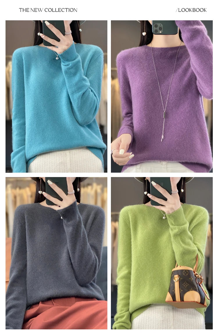 100% pure wool cashmere sweater women's O-neck pullover casual knit top autumn and winter women's coat Korean fashion