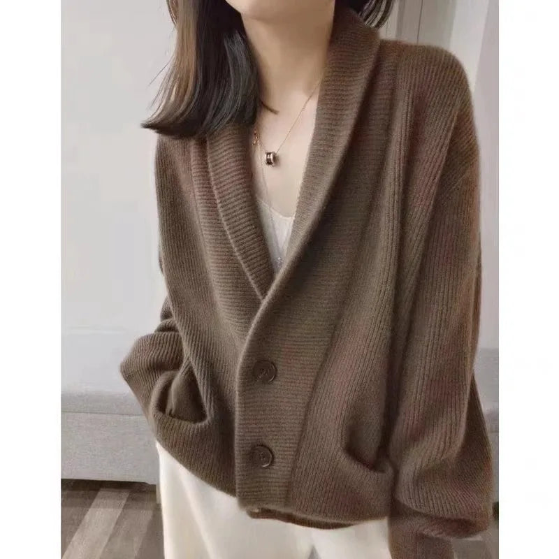 Cardigan women 100 pure cashmere knitwear European high-end autumn and winter loose suit collar thick sweater coat