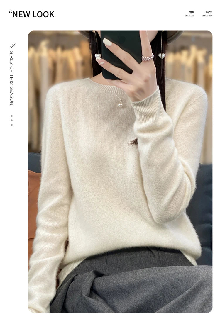 100% pure wool cashmere sweater women's O-neck pullover casual knit top autumn and winter women's coat Korean fashion